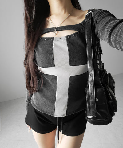 十字架ヴィンテージクロスオフショルスリムリブトップス ／ vintage cross offshoulder slim lib tops