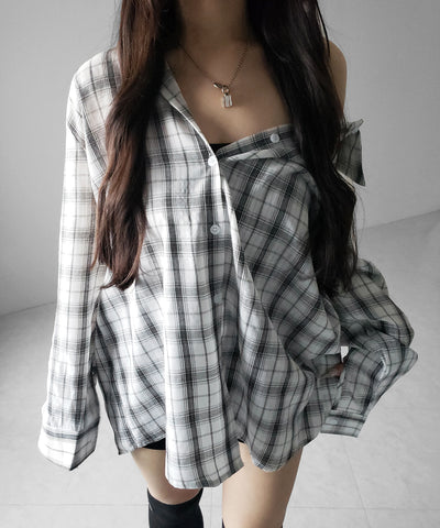 ビッグシルエットブラックシアーチェックシャツ ／ big silhouette black sheer check shirt