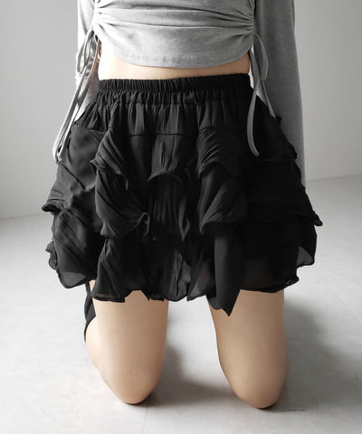 【 インパン裏地付 】３段クリンクルシアーフリルボリュームミニスカート ／ crinkle sheer frill volume mini skirt