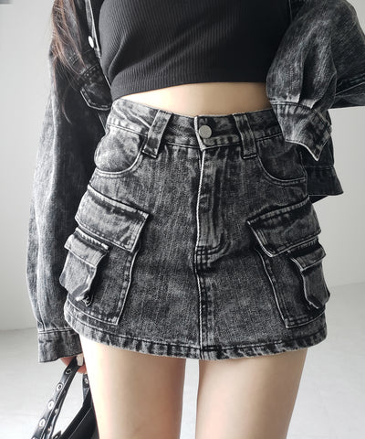 【 デニムセットアップ着用可能 】ヴィンテージケミカルブリーチカーゴデニムミニスカパン ／ vintage chemical bleach cargo denim mini skirt pants