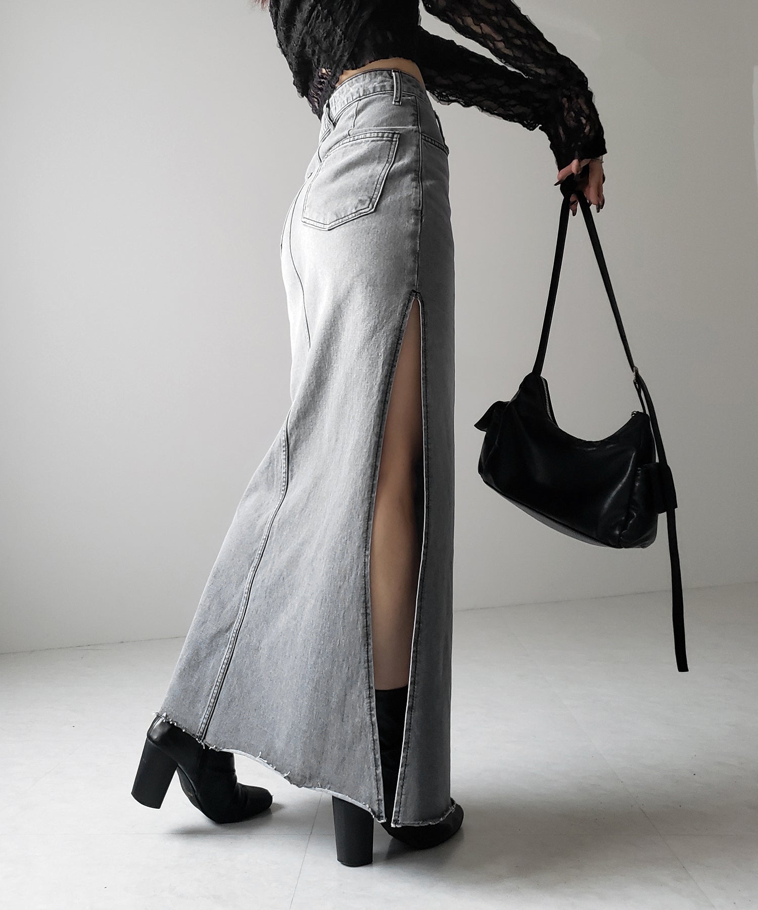 【 ３size 】深スリットダメージデニムロングマーメイドスカート ／ deep slit damage denim long mermaid skirt