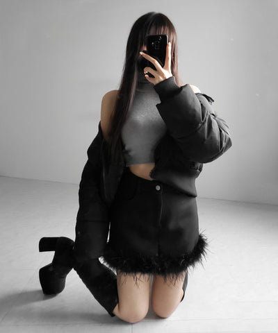 【 インナーパンツ裏地付 】ファードッキングウールライクレディミニスカート ／ fur docking woollike lady mini skirt