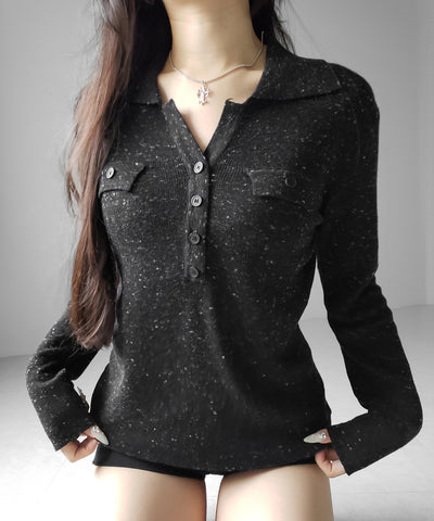 スキッパーボタン長袖ロングニットトップス ／ skipper button long sleeve long sheer knit tops