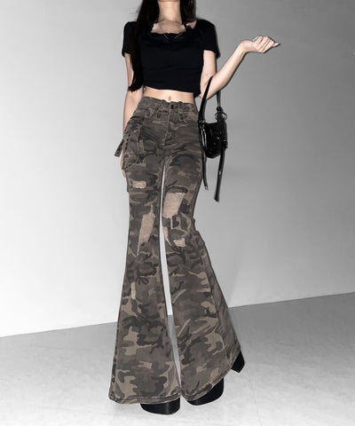 ヴィンテージカモフラ迷彩ダメージフレアデニムパンツ ／ vintage camouflage damage flared denim pants