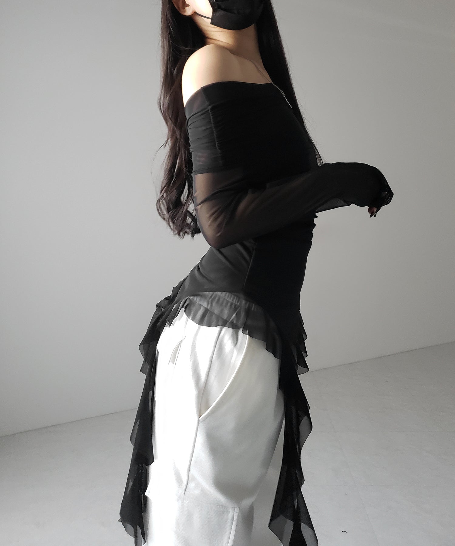 【 ２color 】アシンメトリーフリルオフショルシアートップス ／ asymmetrical frill off-shoulder sheer tops