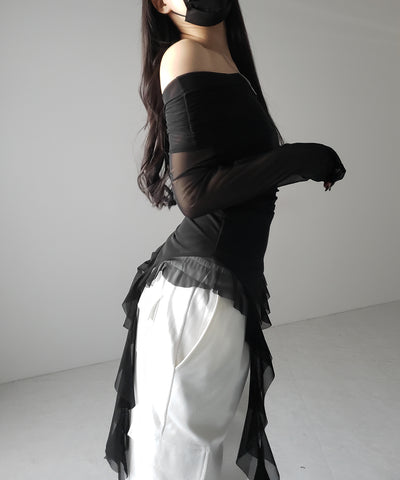 【 ２color 】アシンメトリーフリルオフショルシアートップス ／ asymmetrical frill off-shoulder sheer tops