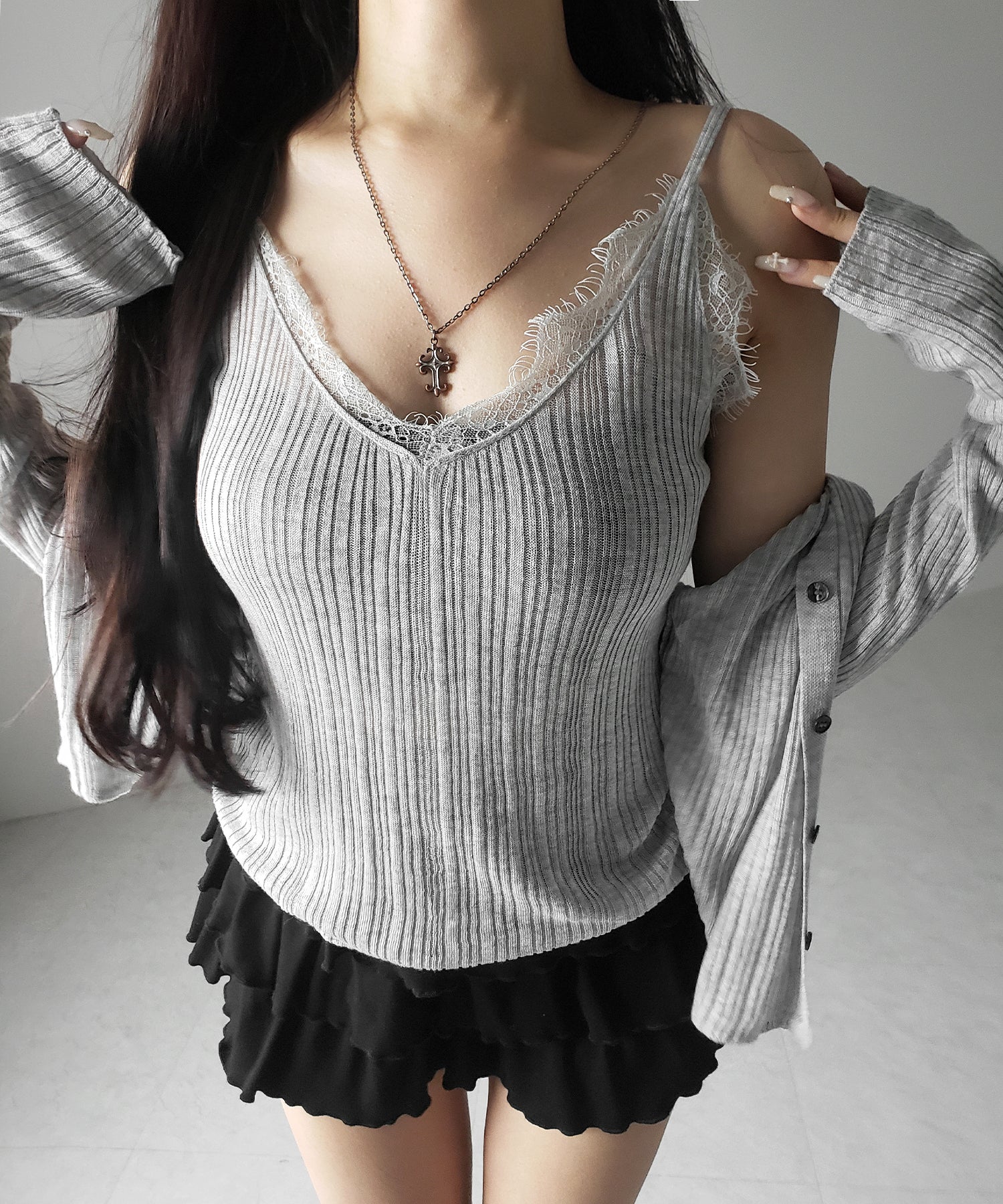 【 ２点セット 】レースニットキャミソール ＋ シアーニットカーディガン SET ／ lace knit camisole + sheer knit cardigan SET