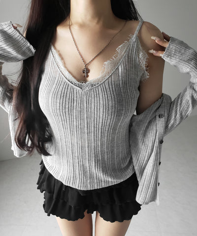 【 ２点セット 】レースニットキャミソール ＋ シアーニットカーディガン SET ／ lace knit camisole + sheer knit cardigan SET