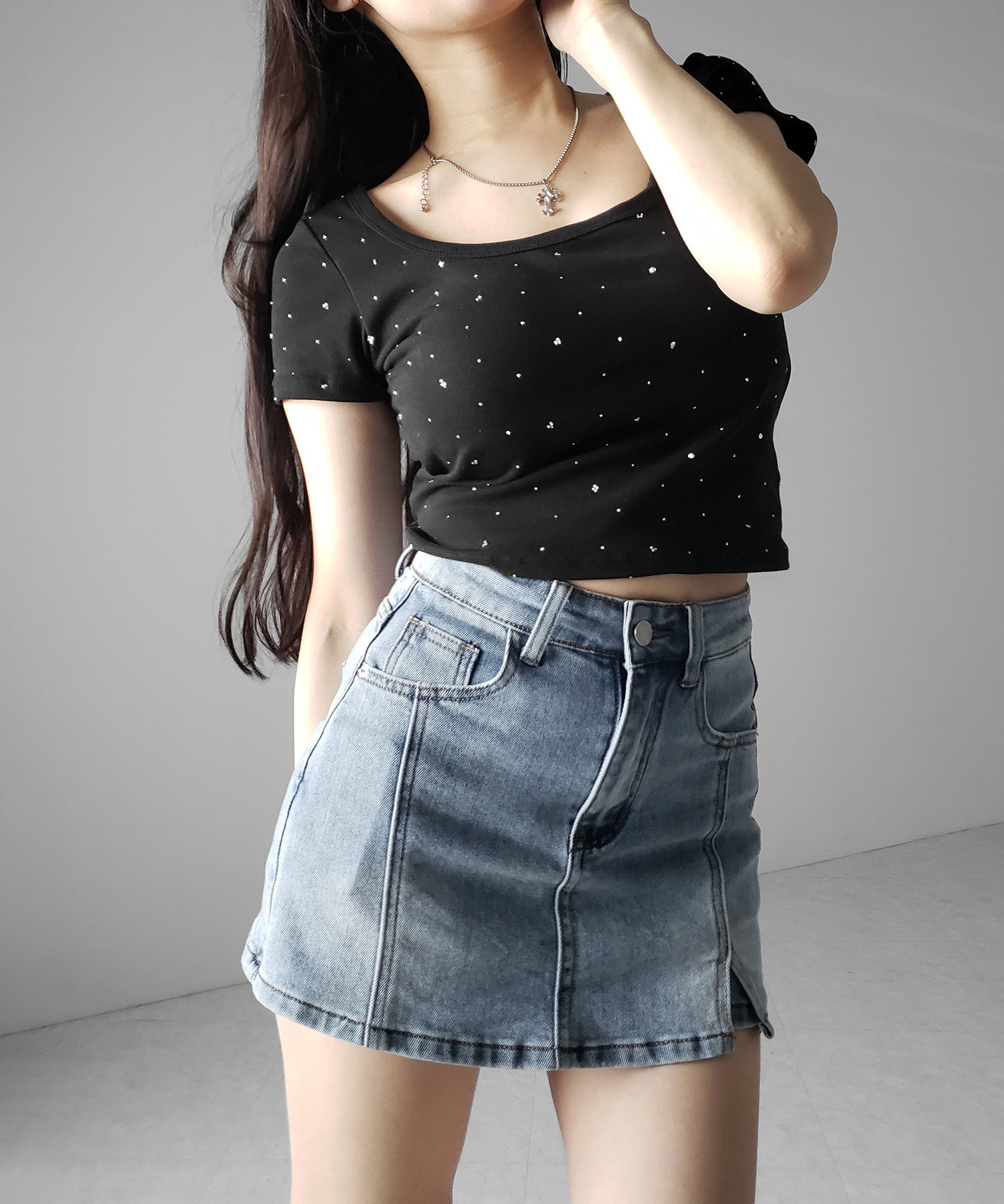 ミニスリットストレッチレイヤードデニムミニスカパン ／ mini slit stretch layered denim mini skirt pants