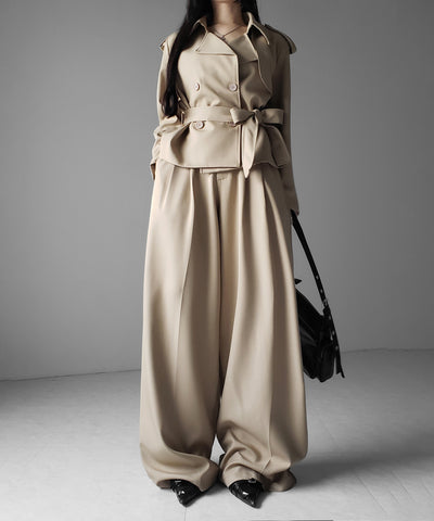 【 上下セットアップ 】ウエストマークショートトレンチコート ＋ タックワイドスラックスパンツ SETUP ／ Waist-mark short trench coat + tuck wide slacks pants