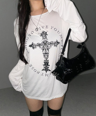 【 ワンショルにできる２ｗａｙ 】クロスロゴプリントワンショルルーズシアーＴシャツ ／ 2WAY cross logo print one shoulder loose sheer T-shirt