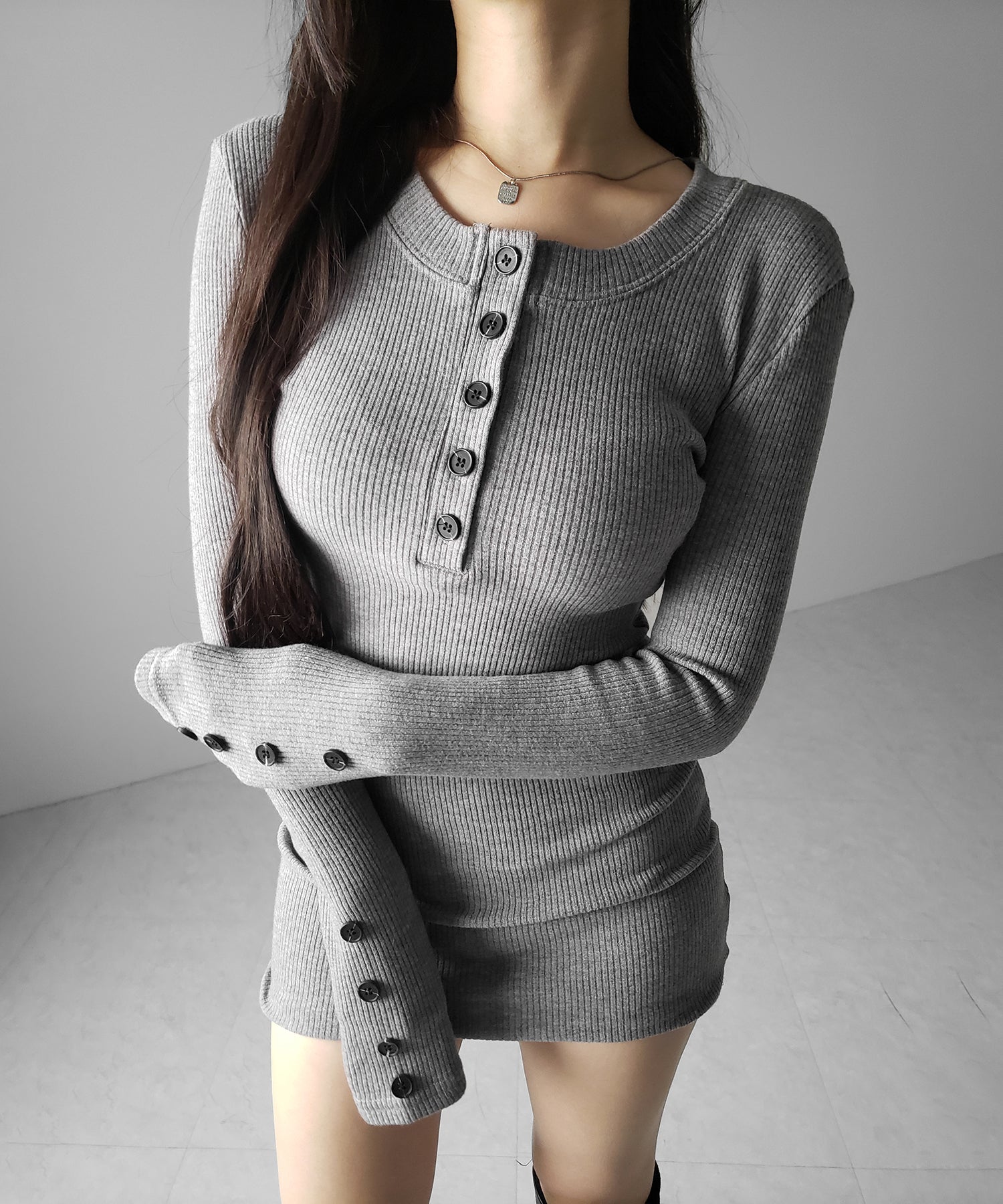裏起毛ヘンリーネックタイトミニワンピース ／ urakimo henley neck tight mini onepiece