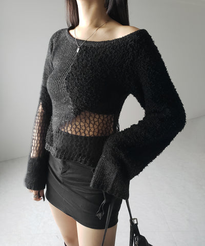【 ２color 】異素材ドッキングスカシアミニットトップス ／ mixed material docking openwork knit tops
