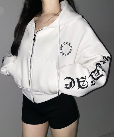 グランジロゴダブルジップショートパーカー ／ grunge logo double zip short hoodie
