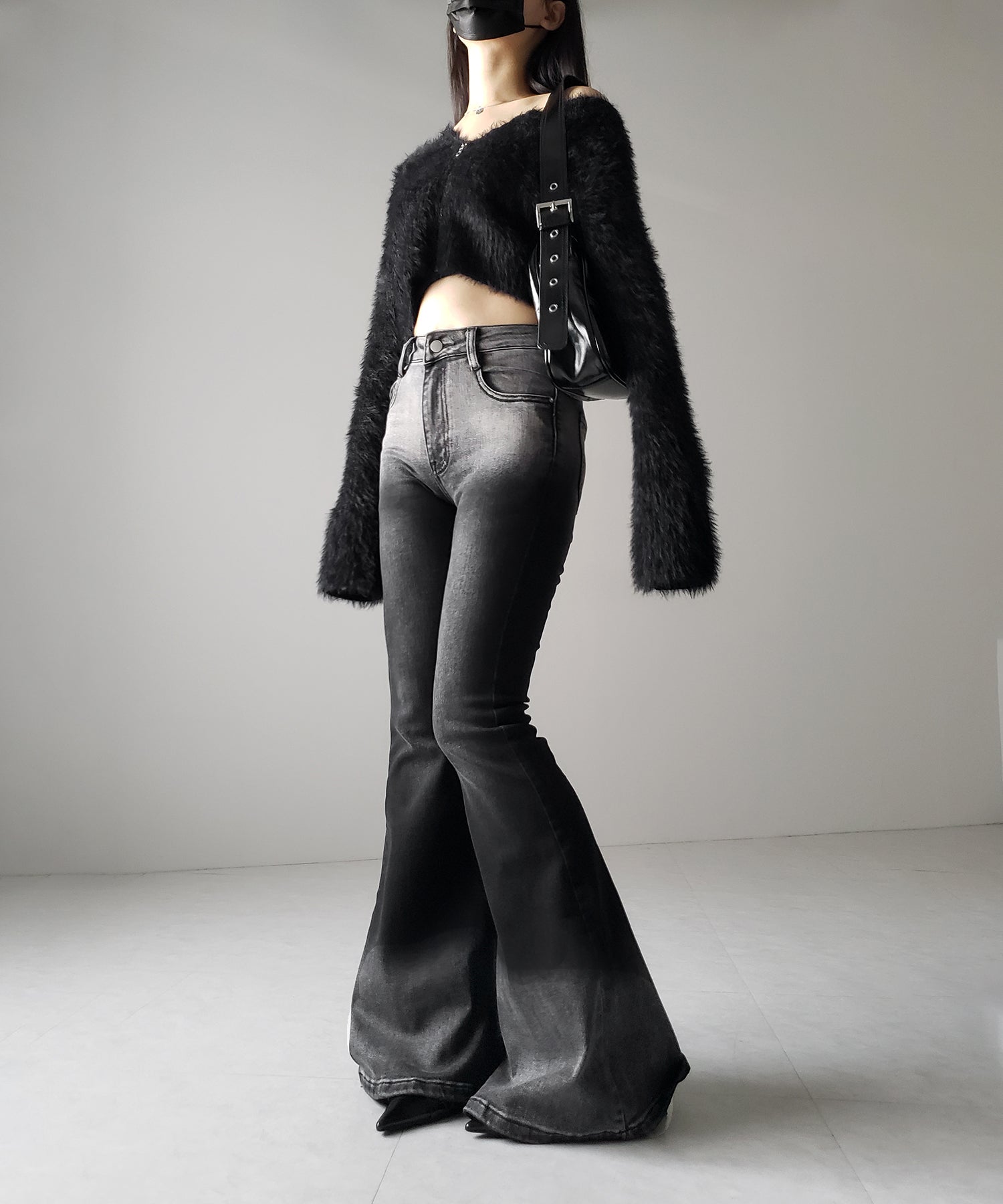 【４size 】ブリーチグラデーションストレッチブラックフレアデニム ／ bleach gradation stretch black flare denim