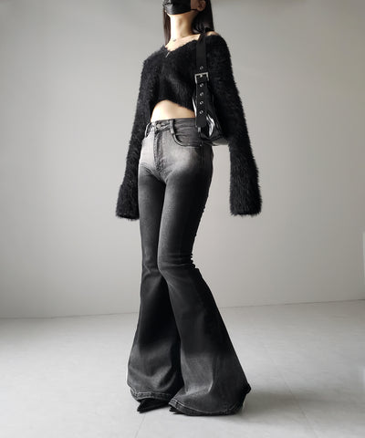 【４size 】ブリーチグラデーションストレッチブラックフレアデニム ／ bleach gradation stretch black flare denim