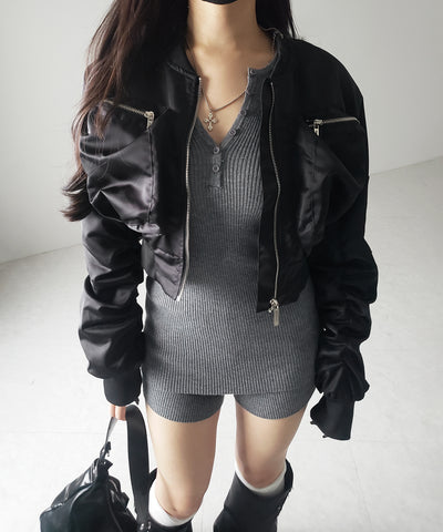 【 セットアップ 】ヘンリーネックスリムリブニットトップス＆ニットショートパンツ SET ／ henley neck slim rib knit tops ＆ knit short pants SET