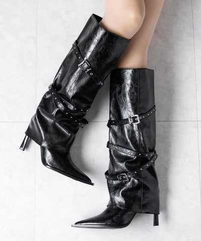 ヴィンテージレザーベルテッドロングカバーブーツ ／vintage leather belted long cover boots