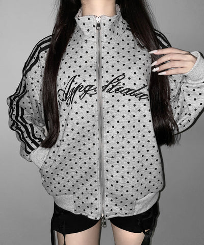 レタリングロゴ刺繍ドットラインオーバースウェットブルゾン ／ lettering logo embroidery dot line over sweat blouson