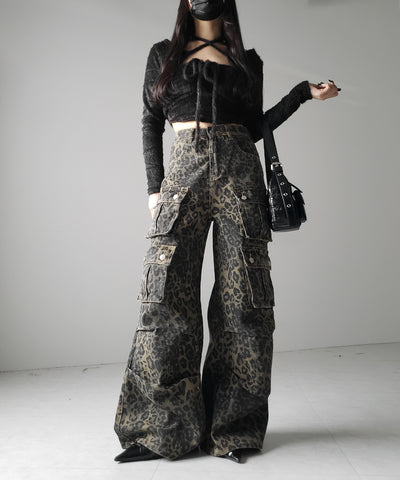 【 ２color ／ ４size 】レオパードヴィンテージタックワイドカーゴデニム ／ leopard vintage tuck wide cargo denim