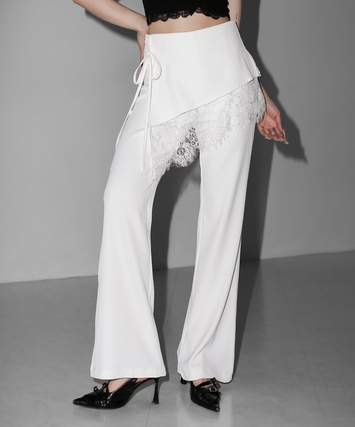 【３size 】レースレイヤードサイドリボンラップフレアスラックス ／ lace layered side ribbon wrap flare slacks