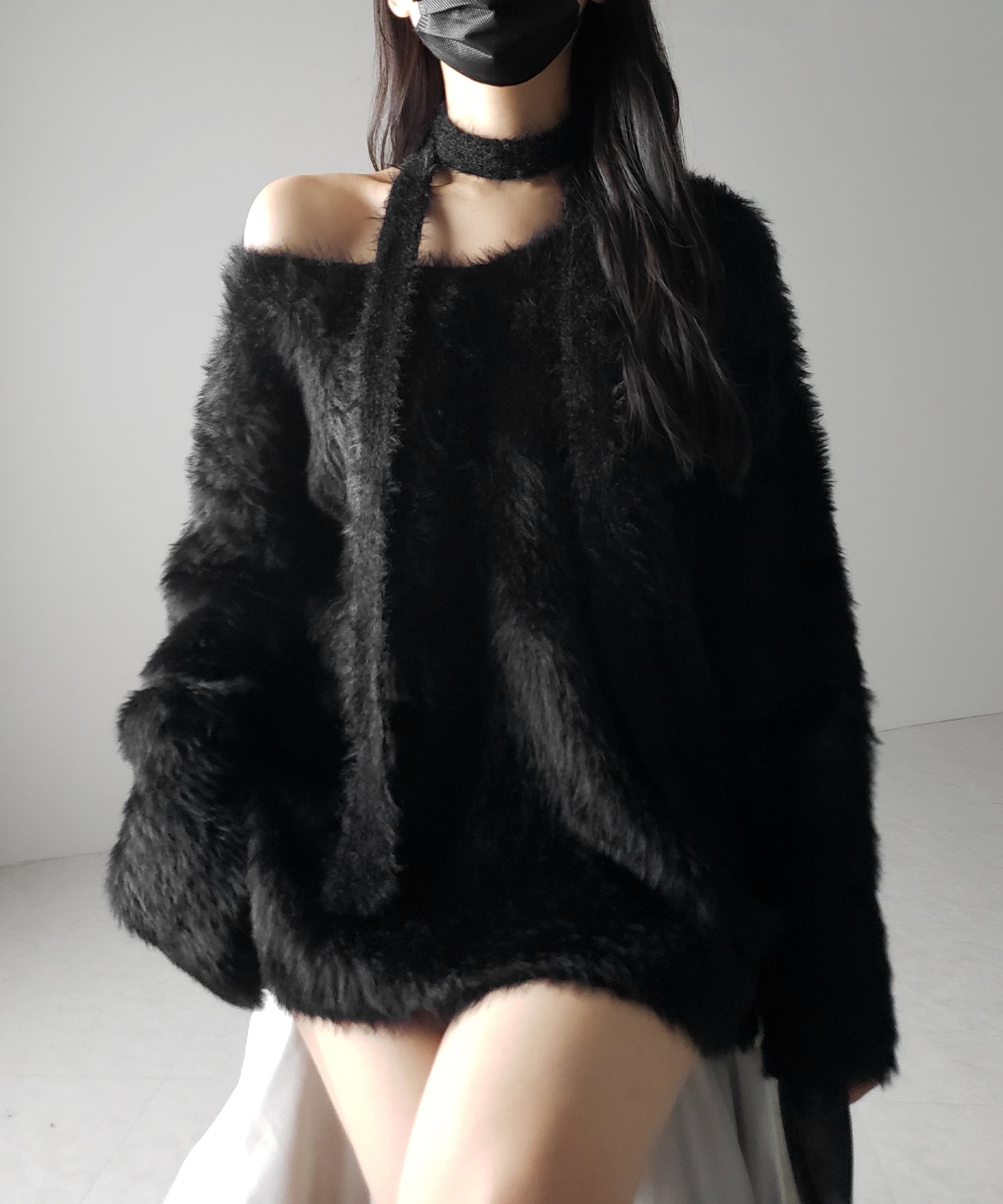【 ２color 】チョーカータイ付きルーズシャギーニット ／ choker tie set loose shaggy knit