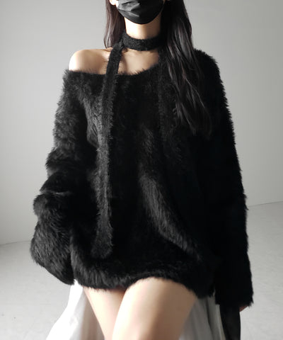 【 ２color 】チョーカータイ付きルーズシャギーニット ／ choker tie set loose shaggy knit