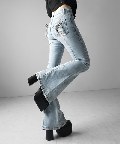 【４size 】バックリボンレースアップ美脚ストレッチフレアデニム ／ back ribbon lace up slim leg stretch flare denim