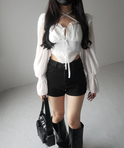 【 ２color ／ ２WAY 】フロントリボンクロスネックオフショルシフォンブラウス ／ front ribbon cross neck off-shoulder chiffon blouse