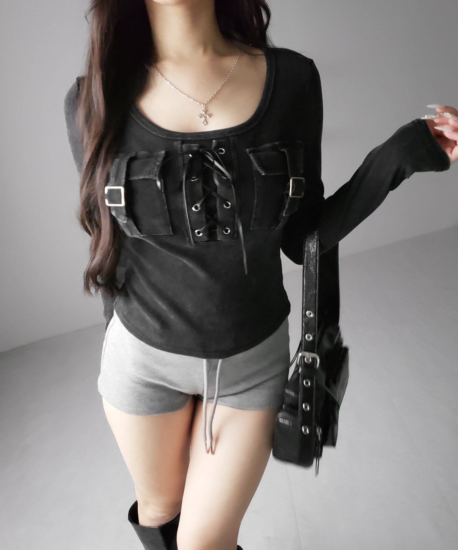 ヴィンテージレースアップアウトポケットスクエアリブロンT ／ vintage laceup outpocket square lib long slleve T-shirts