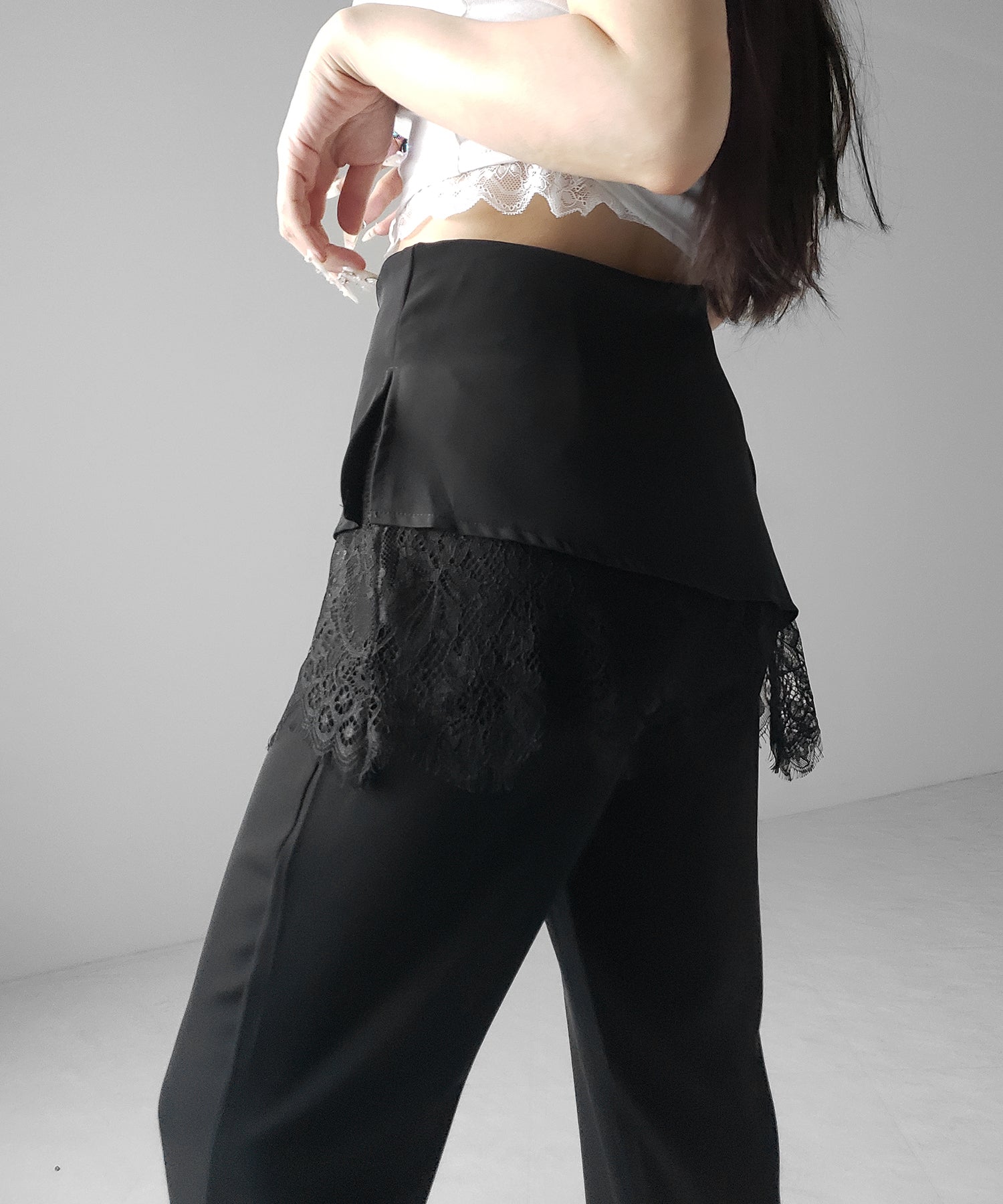 【３size 】レースレイヤードサイドリボンラップフレアスラックス ／ lace layered side ribbon wrap flare slacks