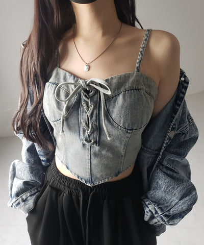 【 ２color 】レースアップリボンコルセットデニムビスチェ ／ lace up ribbon corset denim bustier