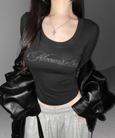 ラインストーンロゴスリムフィットロンT ／ Rhine stone logo slim fit long sleeve T-shirts