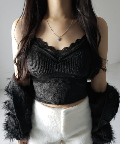 【 カップ付き 】ダブルレースシャギーファーショートビスチェキャミソール ／ double lace shaggy fur short bustier camisole