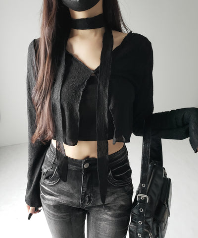 【 ２color ／ ２WAY 】チョーカーロングタイ付きショートシアーカーディガン ／ choker long tie set short sheer cardigan