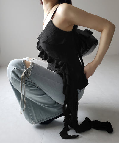【 ４size ／ ２color 】カットアウトストラップヴィンテージルーズデニム ／ cutout strap vintage loose denim