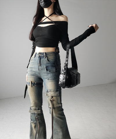 【 ２color ／ ４size 】ベルテッドアウトポケットヴィンテージフレアデニム ／ belted out pocket vintage flare denim