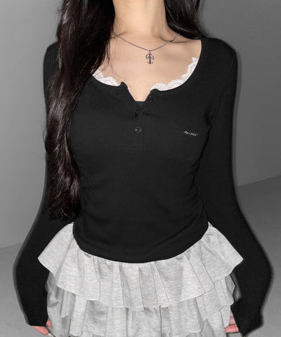 ヘンリーネックロゴプレートレースリブトップス ／　henley neck logo plate lace ribbed tops