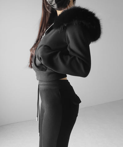 【 セットアップ 】ファーフードショートパーカー＆スウェットフレアパンツ ／ Fur short hoodie ＆ sweat flare pants SETUP