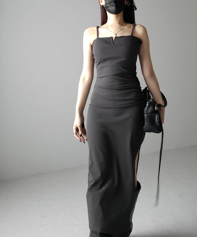 【 パッド付き 】バックストラップサイドシャーリングスリットロングキャミワンピース ／ back strap side shirring slit long cami onepiece