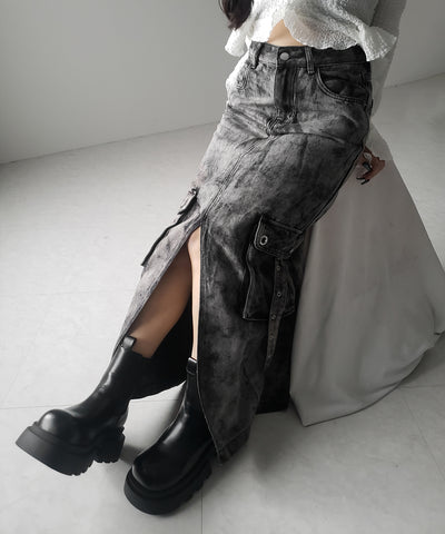 【 ３SIZE 】クラッシュブリーチセンタースリットカーゴデニムスカート ／ crash bleach center slit cargo denim skirt