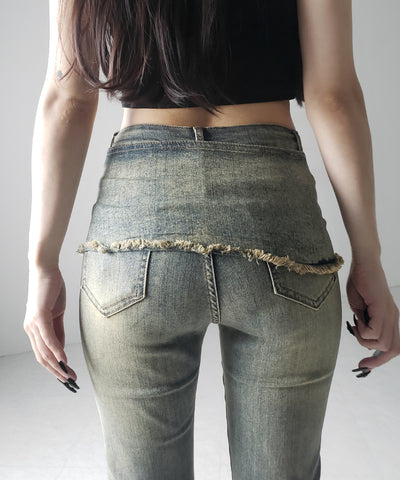 【 ２color ／ ４size 】ストラップリボンヴィンテージストレッチフレアデニム ／ strap ribbon vintage stretch flare denim