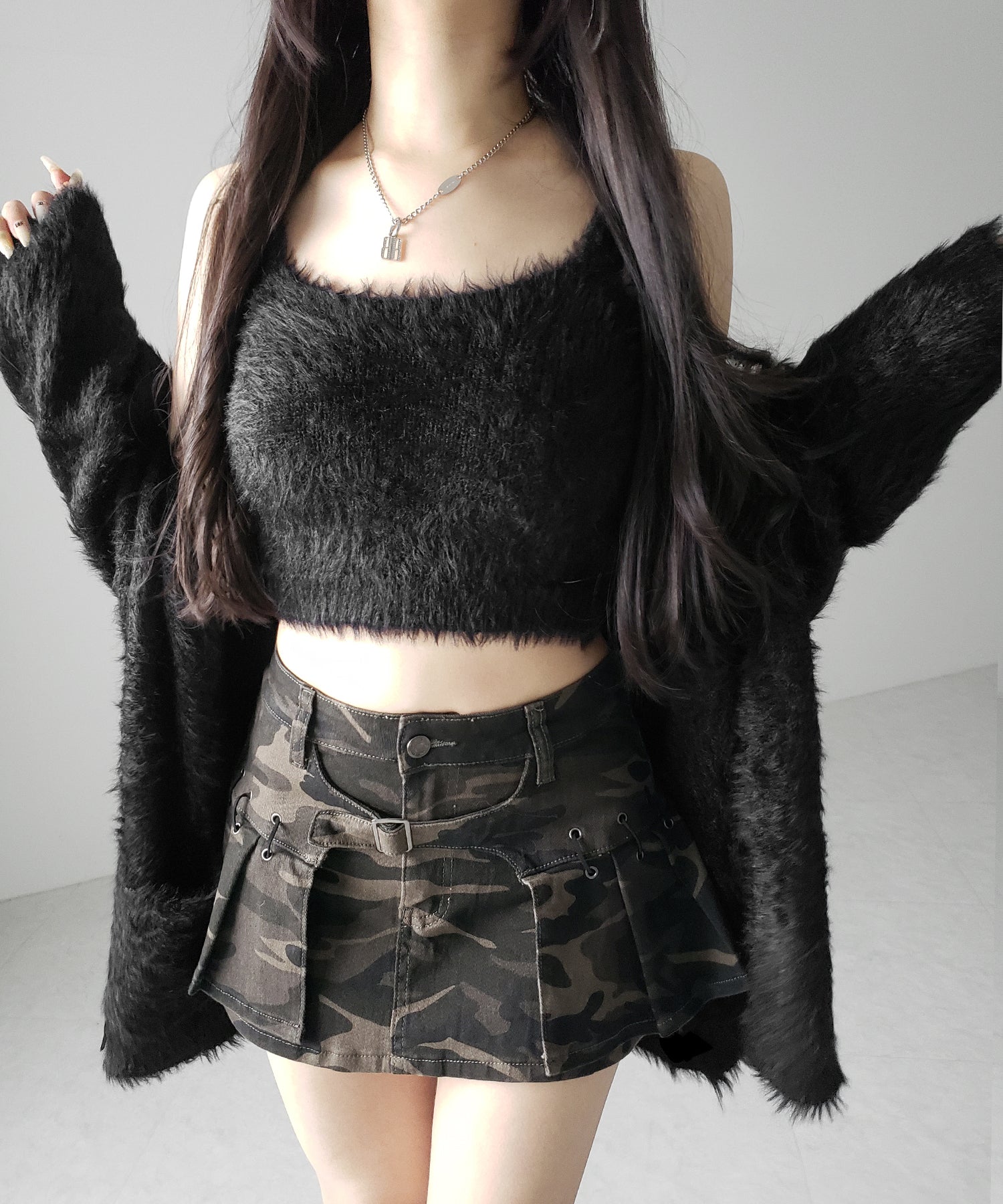 【 インパン裏地付 】カモフラベルテッドマイクロプリーツミニスカパン ／ camouflage belted micro pleats skirt pants