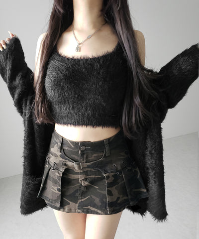 【 インパン裏地付 】カモフラベルテッドマイクロプリーツミニスカパン ／ camouflage belted micro pleats skirt pants