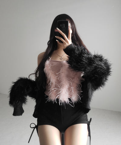 フェザーファードッキングビスチェベアトップ ／ feather fur docking bustier bare tops