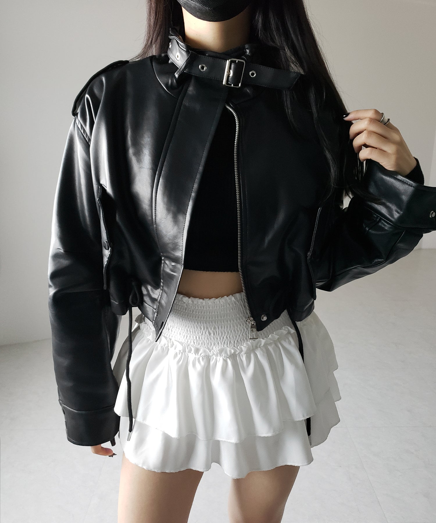 【 ２WAY 】スタンドカラーベルテッドフェイクレザーショートブルゾン ／ stand collar belted fake leather short blouson