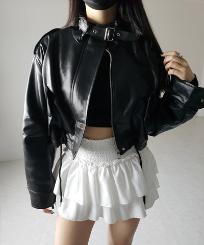 【 ２WAY 】スタンドカラーベルテッドフェイクレザーショートブルゾン ／ stand collar belted fake leather short blouson