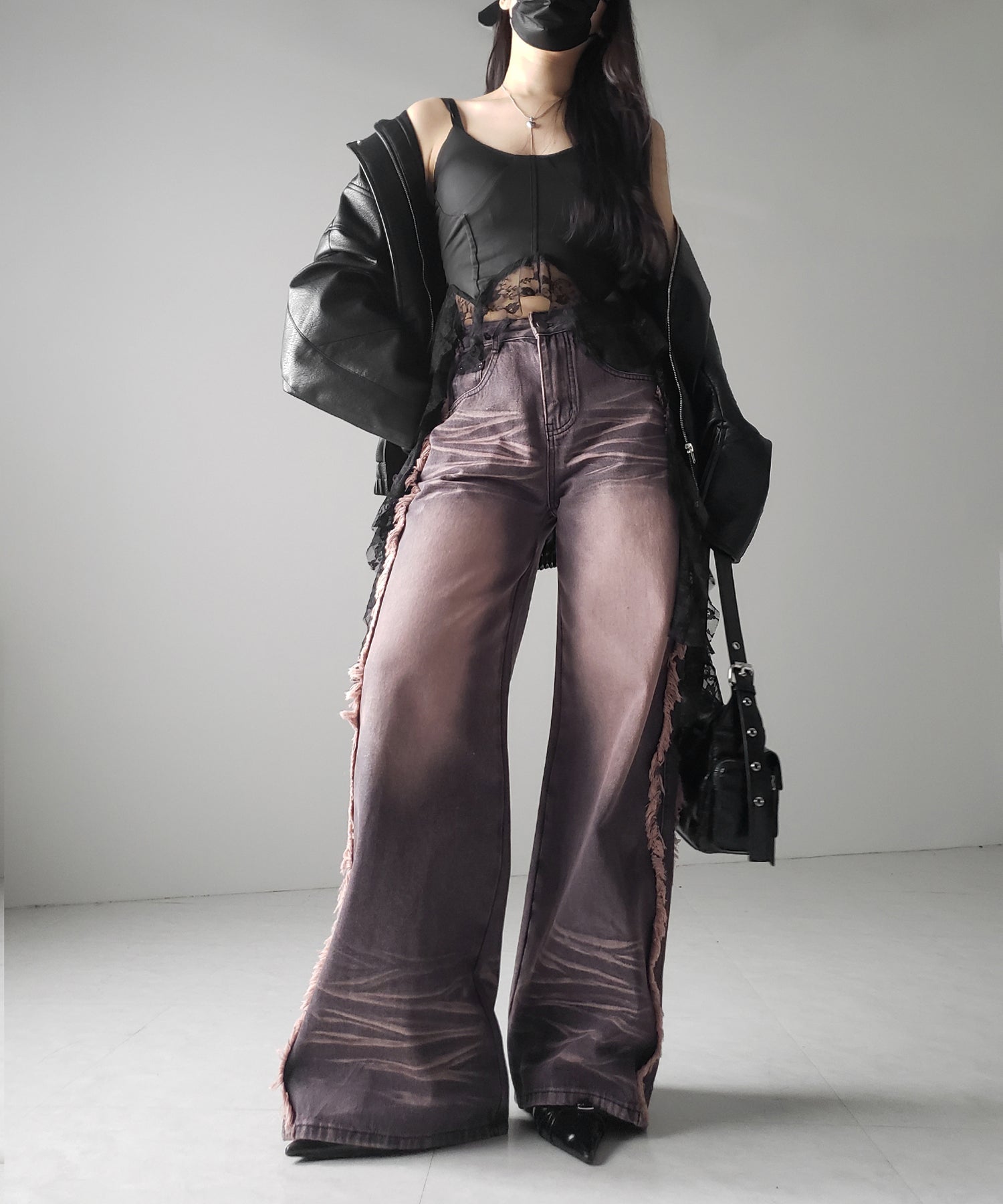 【 ３SIZE 】ヴィンテージピンクウォッシュダメージワイドデニム ／ vintage pink wash damage wide denim