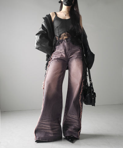 【 ３SIZE 】ヴィンテージピンクウォッシュダメージワイドデニム ／ vintage pink wash damage wide denim