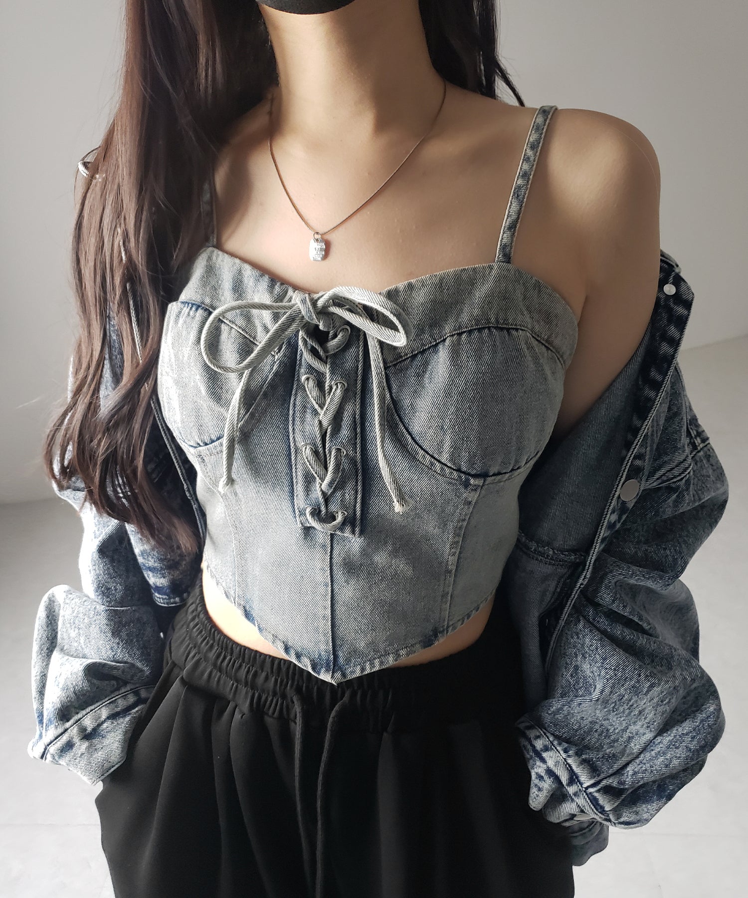 【 ２color 】レースアップリボンコルセットデニムビスチェ ／ lace up ribbon corset denim bustier